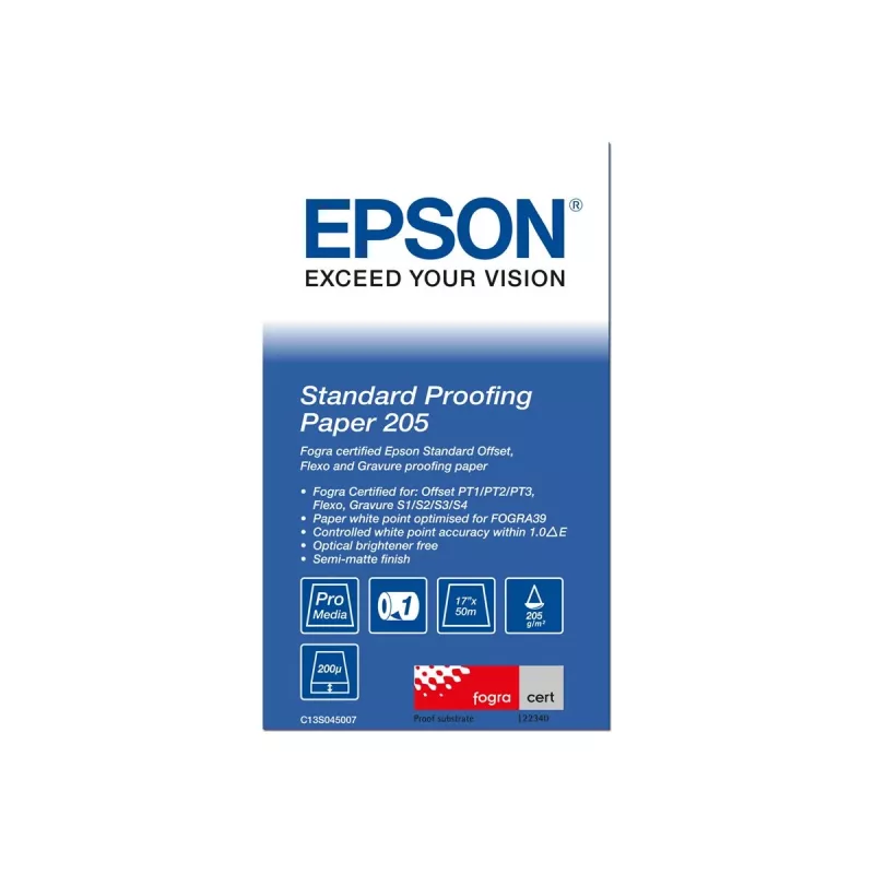 Epson Standard Proofing Paper, 17 collu x 50m, 205g/m², 50 m, 43,2 cm, 43,2 cm (17 collas), Matēts, 190 µm, 205 g/m²