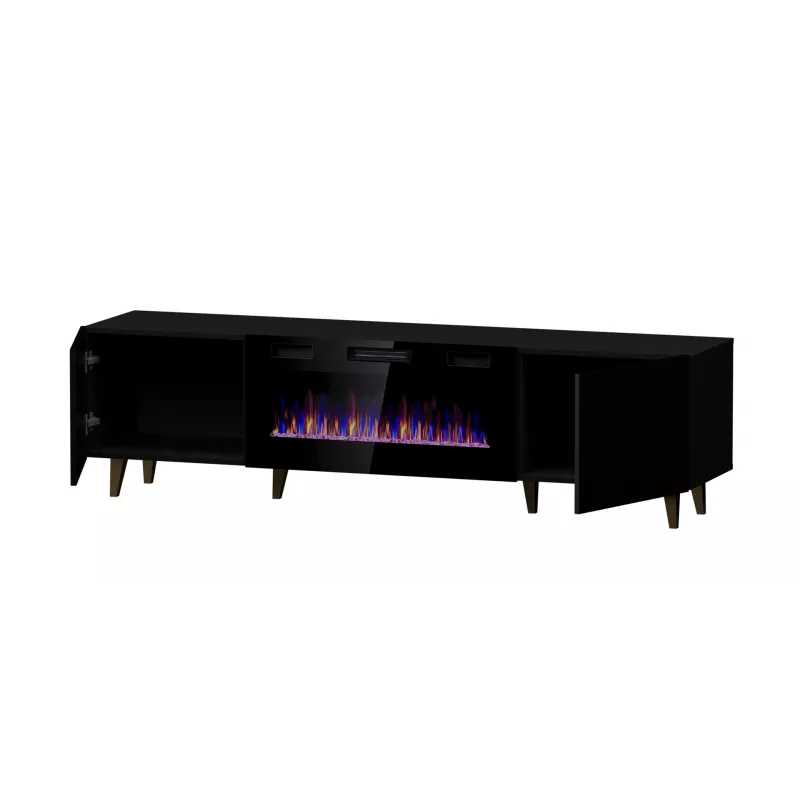 TV skapis Cama Meble PAFOS EF ar elektrisko kamīnu 180x42x49 cm, melns matēts, 2 durvis, 1400–1600 W