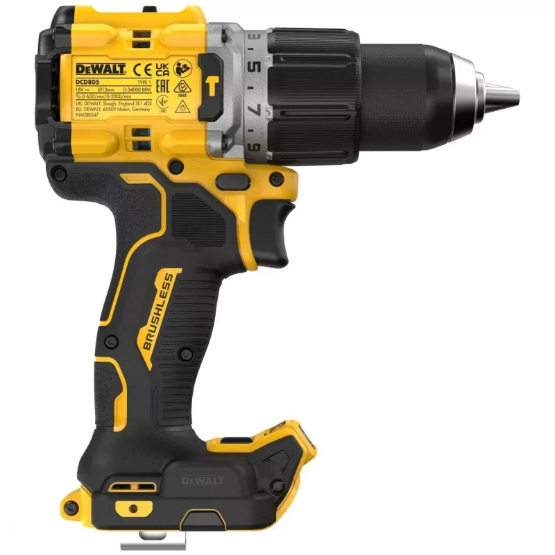 Pistoles roktura urbjmašīna DeWalt DCD805NT-XJ — 18 V bezsuku motors, 2000 apgr./min, 90 N·m, 13 mm patrona, 1,34 kg