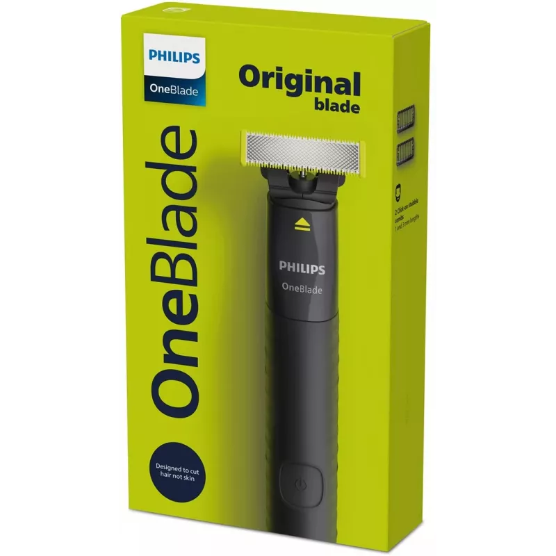 Folijas skuveklis un trimmeris Philips OneBlade QP1424/10 — ogles melns, darbojas ar baterijām, 30 min darbības laiks, bārdas uzgaļi