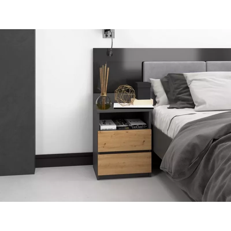 Naktsgaldiņš top e shop M1 ANTRACYT/ARTISAN, Ozols, 2 atvilktnes, 400×320×590 mm