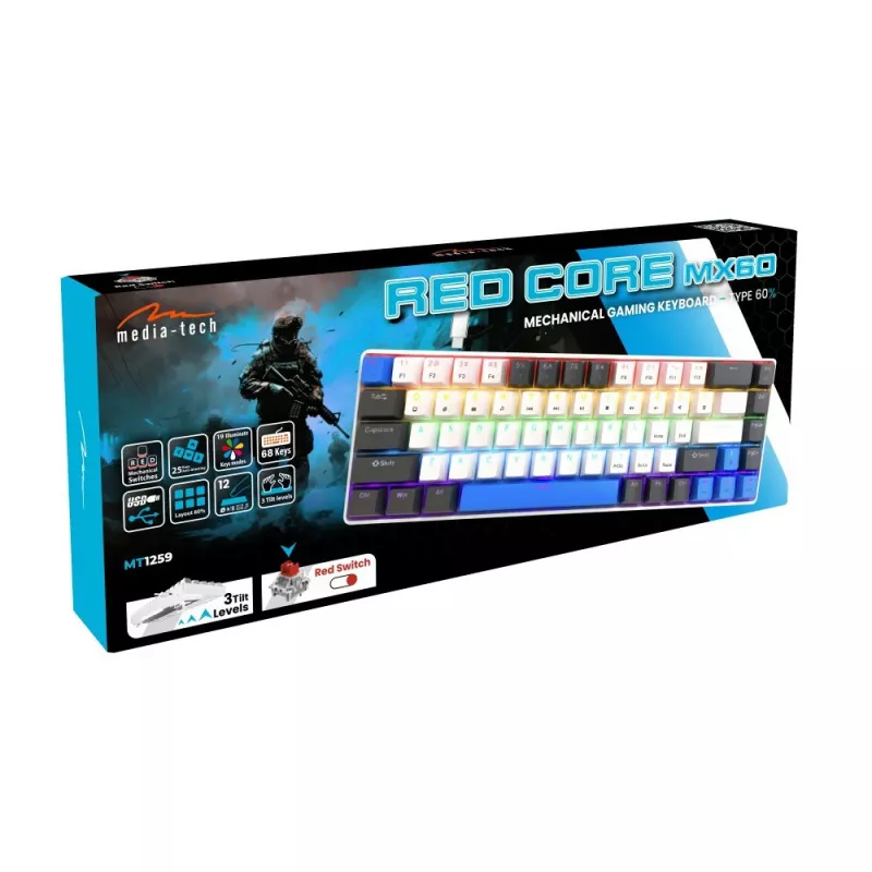 Mehāniskā tastatūra MEDIA-TECH MT1259 Red Core MX60, 60% formas faktors, CHERRY MX Red slēdži, RGB fona apgaismojums, USB, augsta profila taustiņi