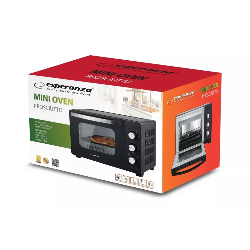 Mini krāsns ESPERANZA EKO008N — 20 L, 1280–1300 W, līdz 230°C, 60 min mehāniskais taimeris, rotācijas vadības pogas, stikla durvis, brīvi stāvoša