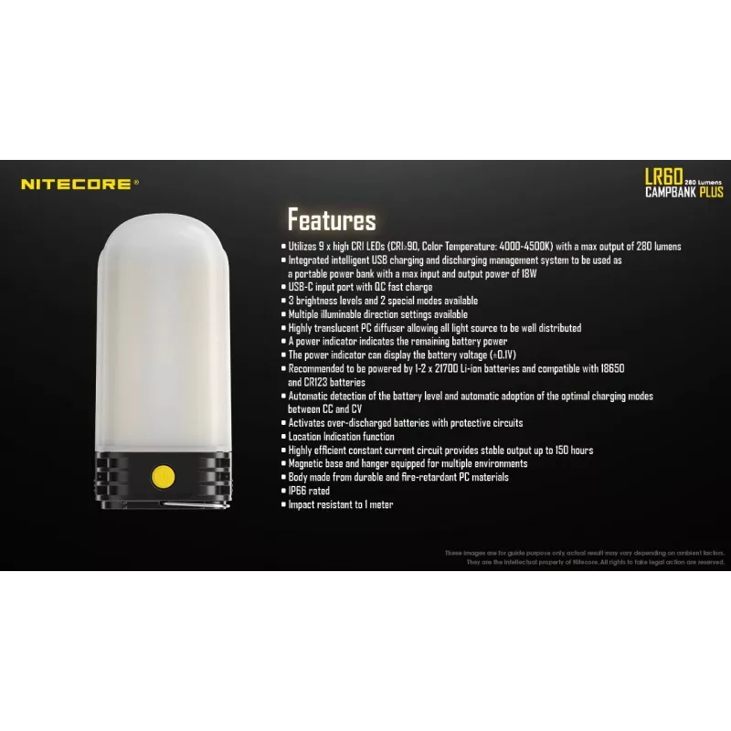 Ar baterijām darbināma nometnes laterna Nitecore LR60 280 lm USB C