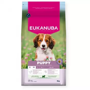 Sausā suņu barība EUKANUBA Puppy & Junior Small/Medium Lamb & Rice 3 kg — pilnvērtīga barība mazu/vidēju šķirņu jaunajiem suņiem