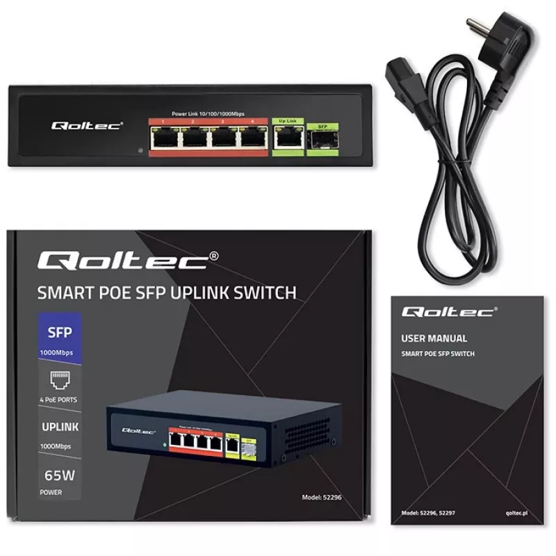Ethernet PoE komutators QOLTEC 52296 — 4x RJ45 PoE porti, 1x RJ45 uplinks