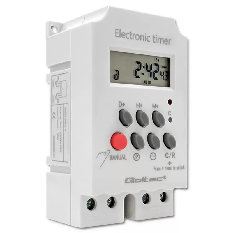 DIN-sliedes elektroniskais taimeris QOLTEC PC0629 — 24V barošana, 16A izeja