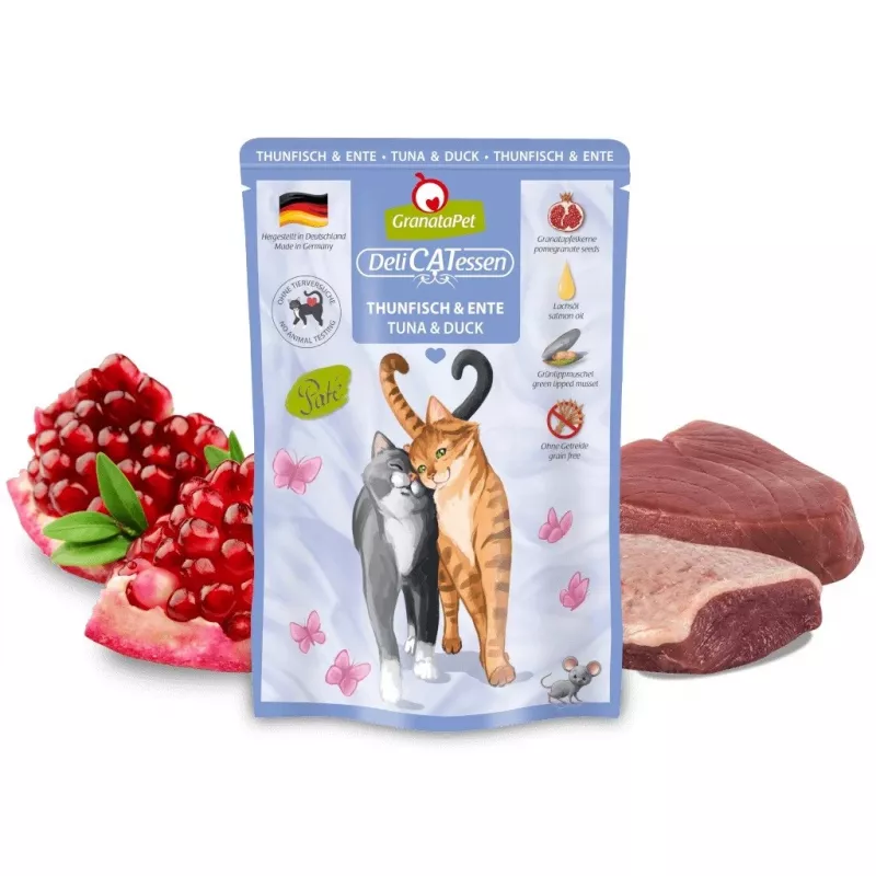 Slapjā kaķu barība Fox4Pets DeliCATessen Tuncis un pīle 85 g paceliņā, pilnvērtīga bezgraudu diēta pieaugušiem kaķiem