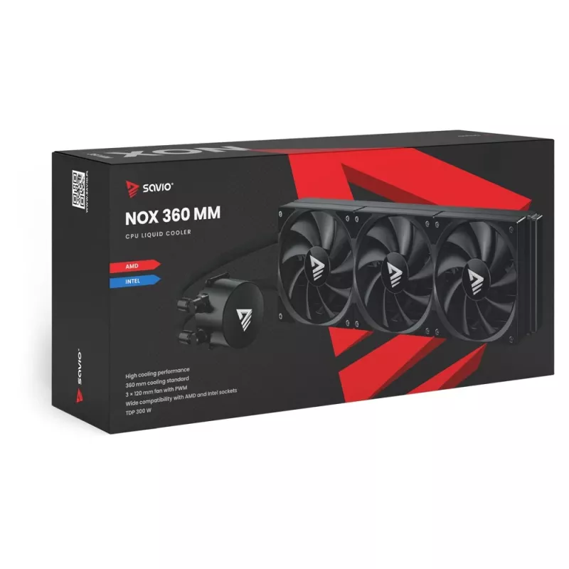 Šķidruma dzesēšanas komplekts SAVIO NOX 360 mm (3×120 mm ventilatori, vara pamatne, alumīnija radiators) Melns, 600–1800 RPM