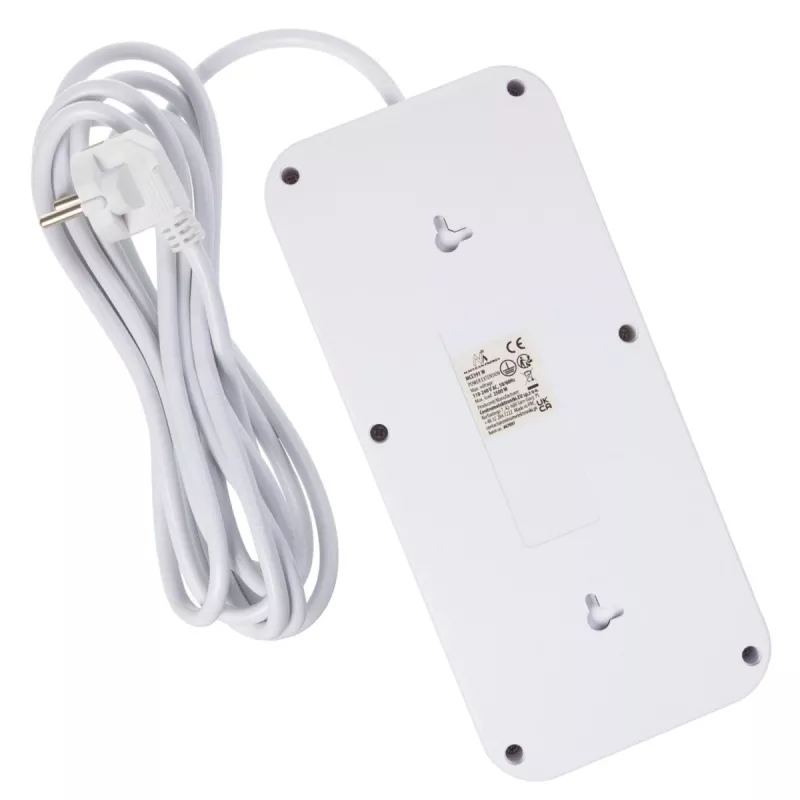 Kontaktligzdas MACLEAN MCE391 W — 6 ligzdas, 4×USB-A + 1×USB-C, 3 m kabelis, 110–240V, 2500W, balta