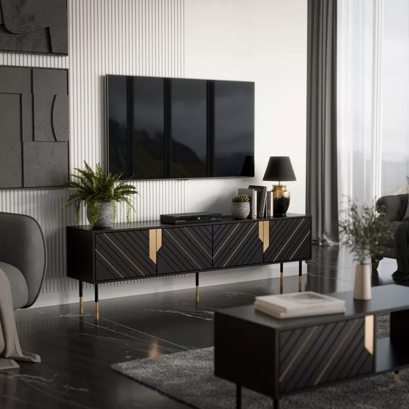 TV cabinet cama meble Cama 4D MOUNTAIN 2040×400×550 mm Melns + gold particle board top