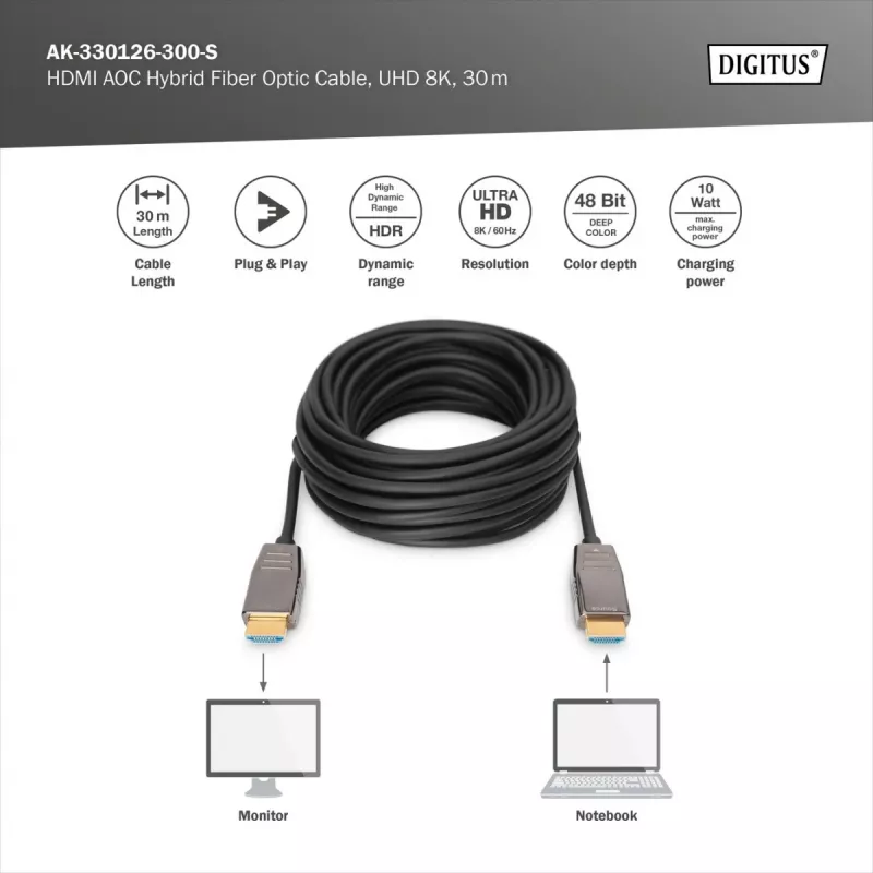 HDMI AOC hibrīda optiskās šķiedras kabelis Digitus AK-330126-300-S