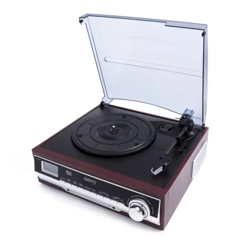 Audio atskaņotājs Camry CR 1168 — melns ar koka apdari, 33/45 RPM, iebūvēti skaļruņi, RCA izeja