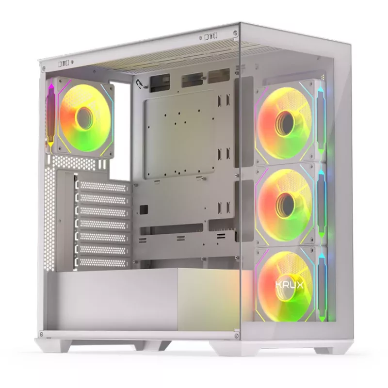 PC korpuss KRUX Exo RGB balta — ATX tornis, tērauds, 2x3,5 collu + 2x2,5 collu nodalījumi, USB-C, RGB