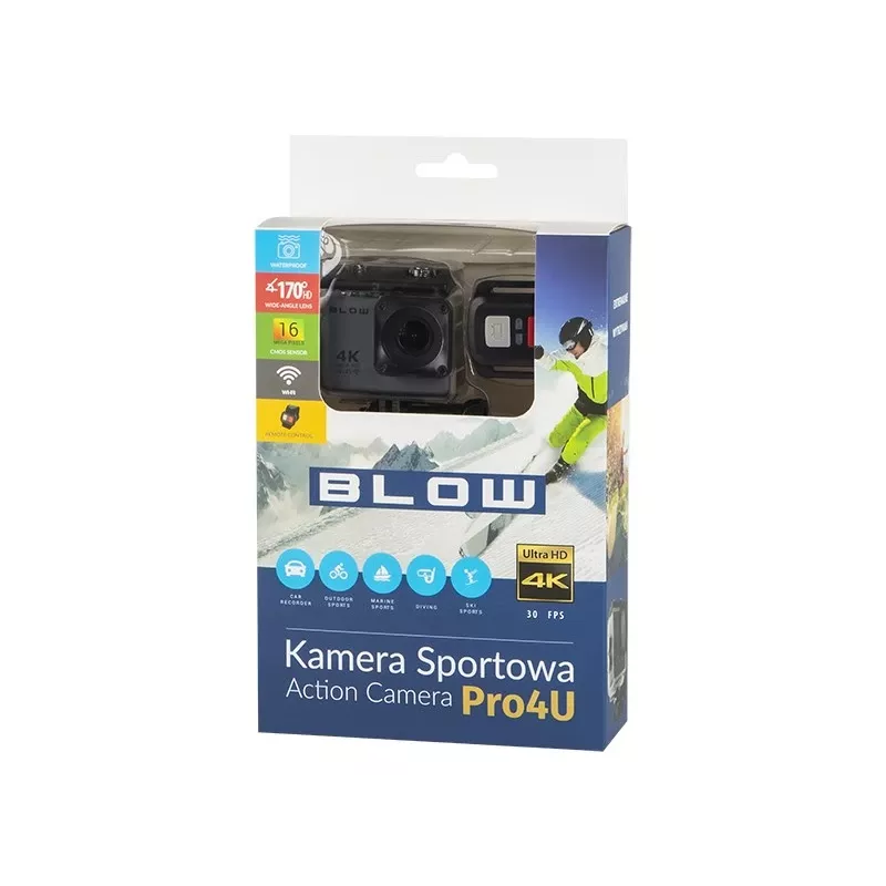 Akcijas kamera BLOW 78-538 — 4K Ultra HD, 2 collu displejs, 170° redzeslauks, Wi‑Fi, attēla stabilizators, microSD līdz 64 GB