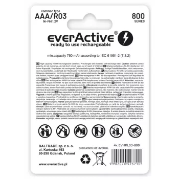 Uzlādējamās AAA NiMH baterijas everActive EVHRL03-800 – 1,2 V, 4 gab., cilindriskas 44,5×10,5 mm