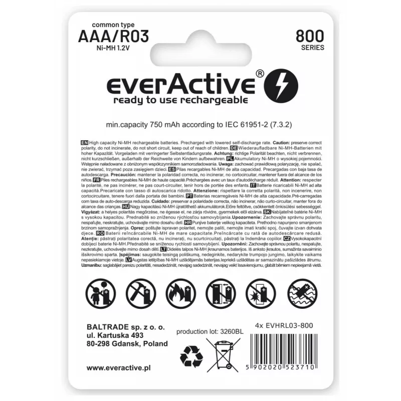 Uzlādējamās AAA NiMH baterijas everActive EVHRL03-800 – 1,2 V, 4 gab., cilindriskas 44,5×10,5 mm