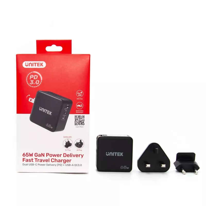 Unitek P1117B USB-C PD 65W universāls mobilais lādētājs, 2x USB‑C PD + 1x USB‑A, melns