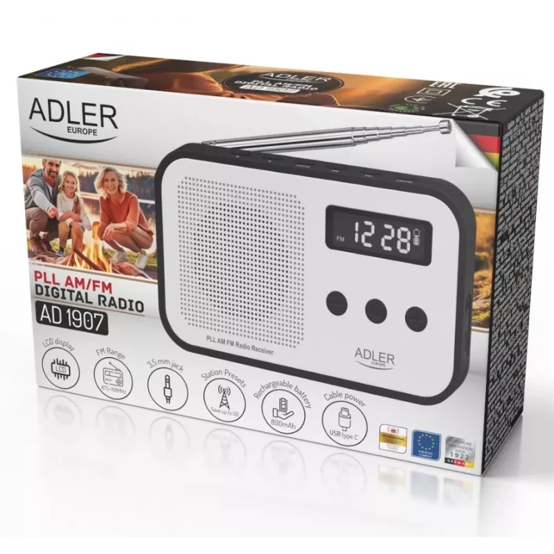 Pārnēsājamais ciparu radio Adler AD 1907 — AM/FM, ciparu uztvērējs, modinātājs, USB-C, 600 mAh baterija, LCD, 20 atmiņas vietas, teleskopiskā antena