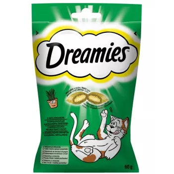 Kaķu našķi Dreamies ar kaķumētru 60 g — kraukšķīgas, kumosa lieluma gaļas uzkodas, 22% olbaltumvielu, 22% tauku, 2% kokšķiedras