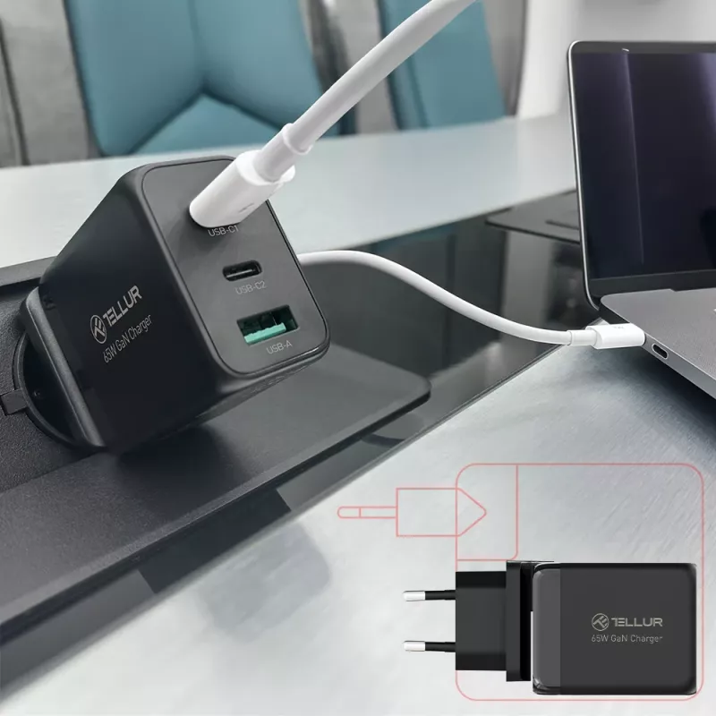 Wall Charger Tellur TLL151451 65W, 3-port (2x USB-C, 1x USB-A)