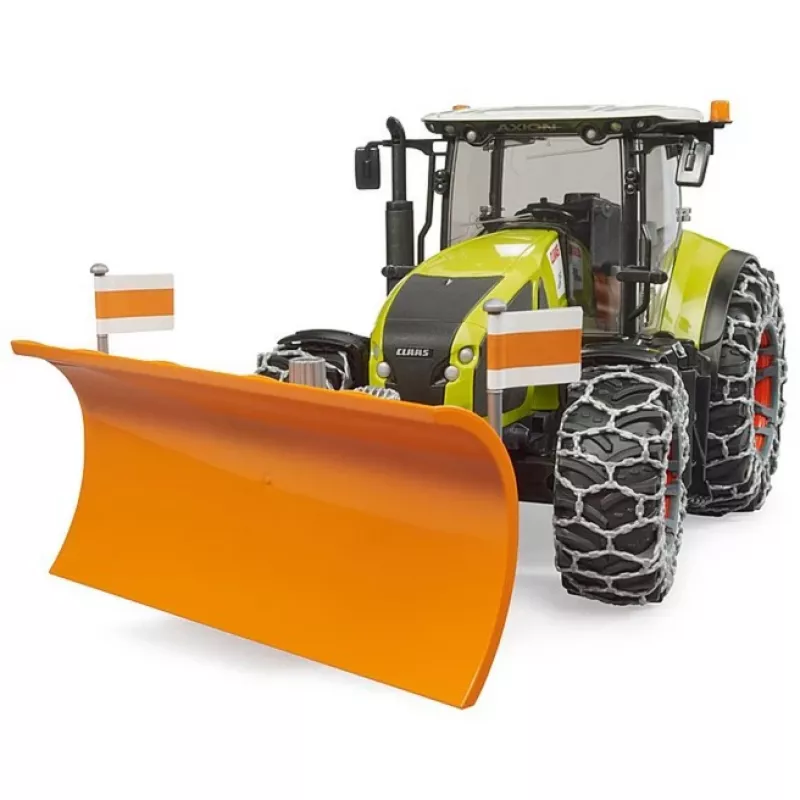 Rotaļu traktors BRUDER Claas Axion 950 ar sniega ķēdēm un sniega asmeni, mēroga modelis
