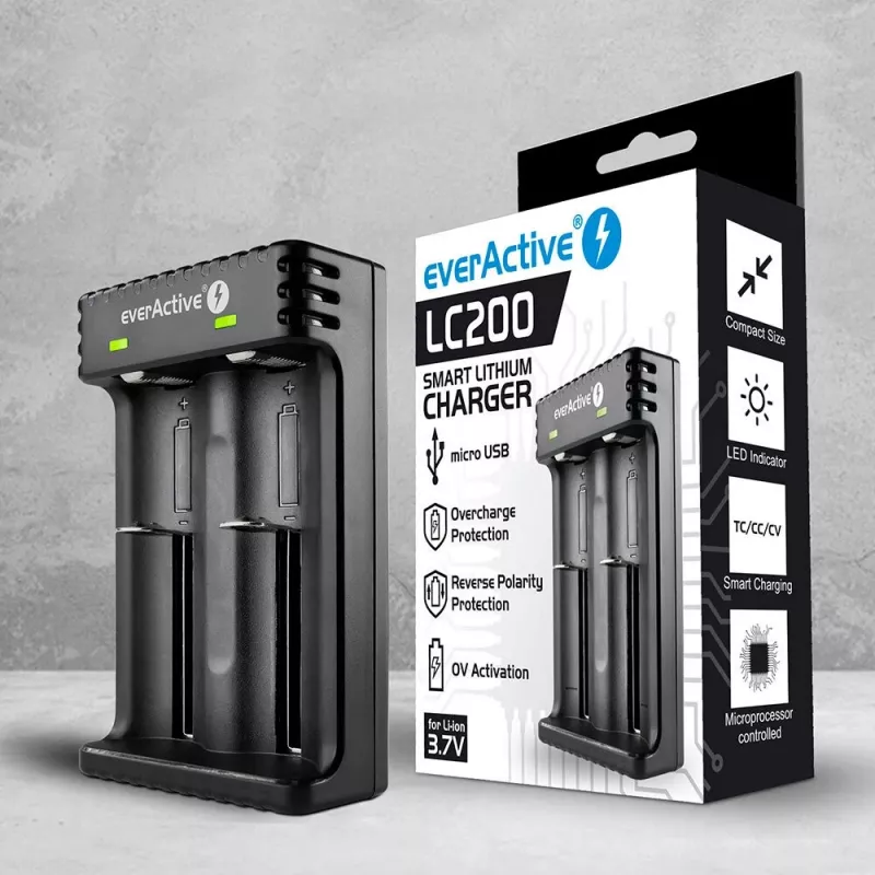 Bateriju lādētājs everActive LC200 mājsaimniecības USB, 2 nodalījumu, Li-Ion, atbalsta A/AA/AAA/AAAA/C/D, 5 V ieeja, 4.2 V izeja, melns