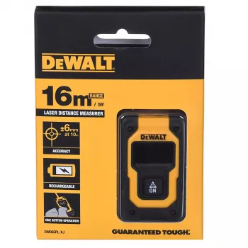 Lāzera attāluma mērītājs DeWalt DW055PL-XJ, diapazons 0–16 m, precizitāte ±6 mm, 3,7 V uzlādējams akumulators, USB kabelis