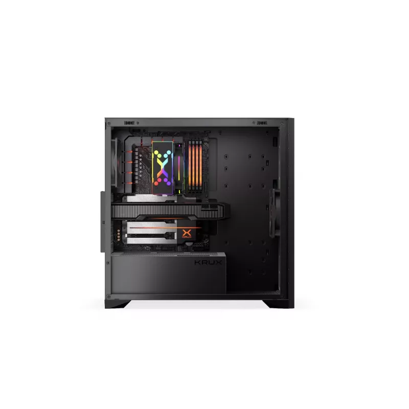 Datora korpuss KRUX Palum KRXD008 ATX melns — 2x3,5 collu nodalījumi, 2x2,5 collu nodalījumi, 2x120 mm ventilatori, GPU līdz 39,5 cm