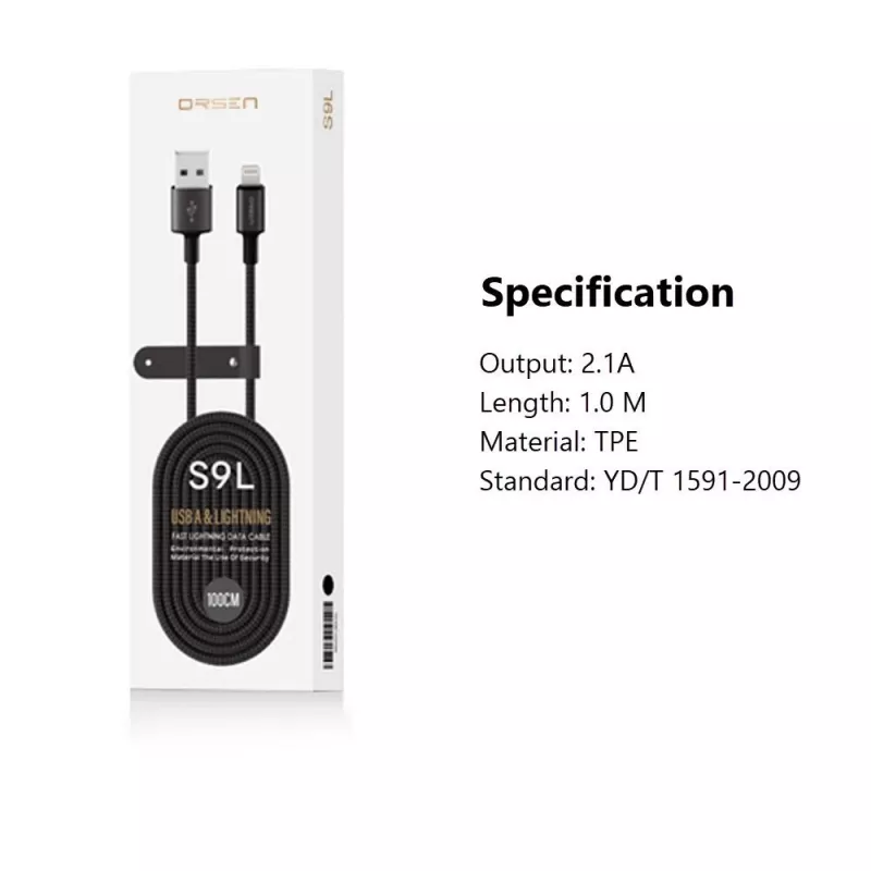 USB-A uz Lightning kabelis Orsen S9L 1 m 2.1A — melns