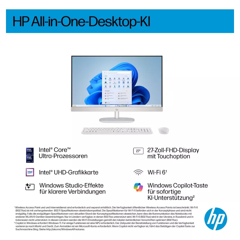 HP AI 27-cr2275ng - Viss vienā (pilnīgs risinājums) - Core Ultra 7 255U - RAM 16 GB - SSD 512 GB - NVMe - Intel Graphics - 1GbE, Bluetooth 5.3, Wi-Fi 6 - WLAN: 802.11a/b/g/n/ac/ax,