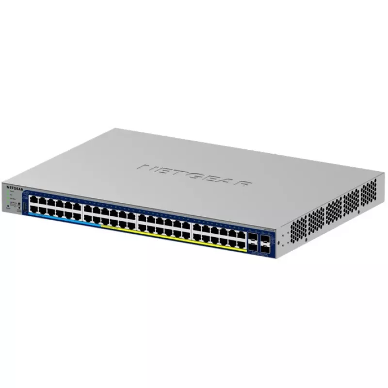 Vadāms Gigabit PoE komutators NETGEAR GS752TXUP — 48× Gigabit RJ-45, 10G atbalsts, 1U statīvs, 176 Gbit/s komutācijas jauda