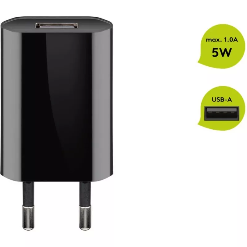 USB sienas lādētājs GOOBAY 5 W, 1× USB 2.0, ieeja 100–240 V, melns