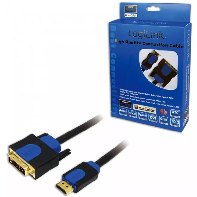 Video kabeļa adapteris LogiLink CHB3102 2m HDMI DVI-D Melns Zils