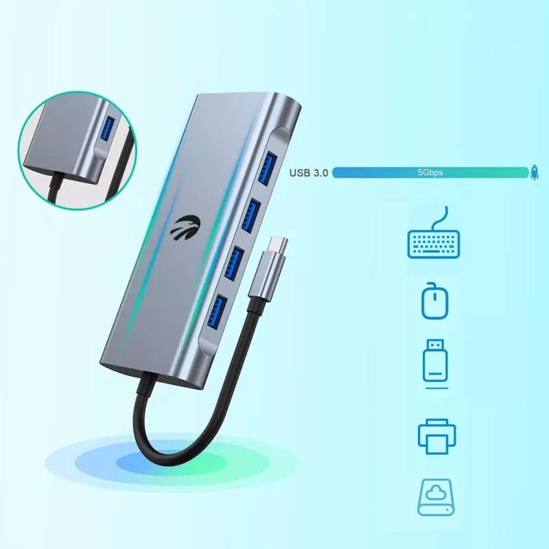 USB-C 11-in-1 adapteris Hawk HW-HUB1101 — daudzportu centrmezgls ar 11 pieslēgvietām