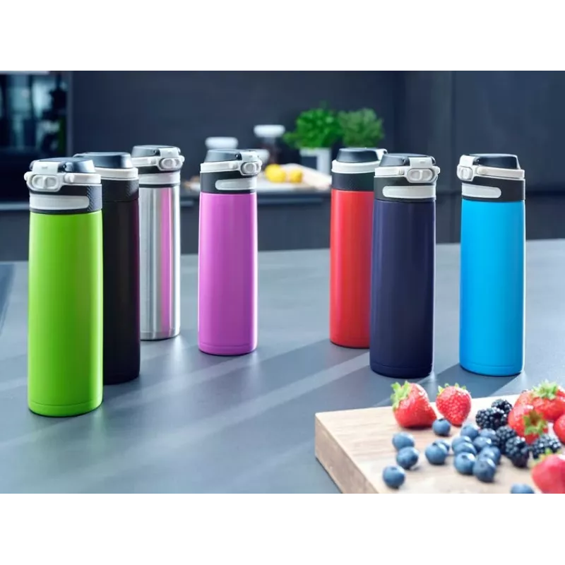 Travel mug Leifheit 03275 600 ml stainless steel, double-wall, leakproof, flip-top, handle, Melns/blue