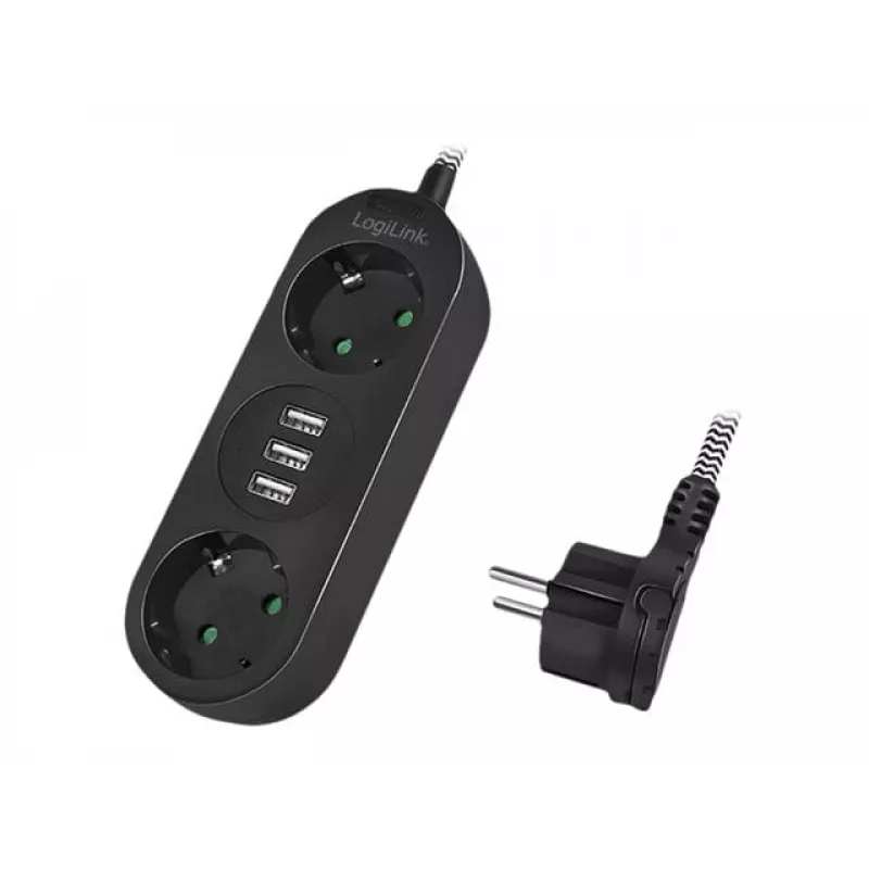 Power Extension LogiLink LPS262U 1.5m 2 AC Outlets Indoor Melns