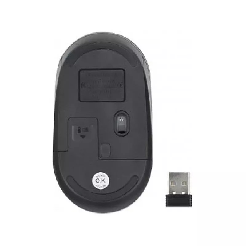 Manhattan Performance III bezvadu pele, melna, 1000 dpi, 2,4 GHz (līdz 10 m), USB, optiskā, piemērota abām rokām, trīs pogas ar ritināšanas ritenīti, USB nano uztvērējs, AA baterija (nav iekļauta), zemas berzes pamatne, trīs gadu garantija