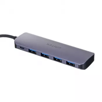 USB centrmezgls Unitek P5+ — 5 porti (4 × USB 3.2 Gen 2 Type-A), USB 3.2 Gen 1 resursdators, 5 Gbit/s, 10 W PD, alumīnijs, pelēks