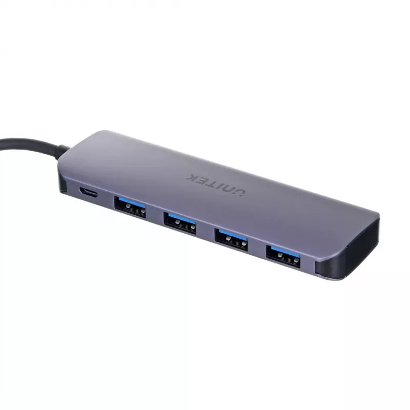 USB centrmezgls Unitek P5+ — 5 porti (4 × USB 3.2 Gen 2 Type-A), USB 3.2 Gen 1 resursdators, 5 Gbit/s, 10 W PD, alumīnijs, pelēks
