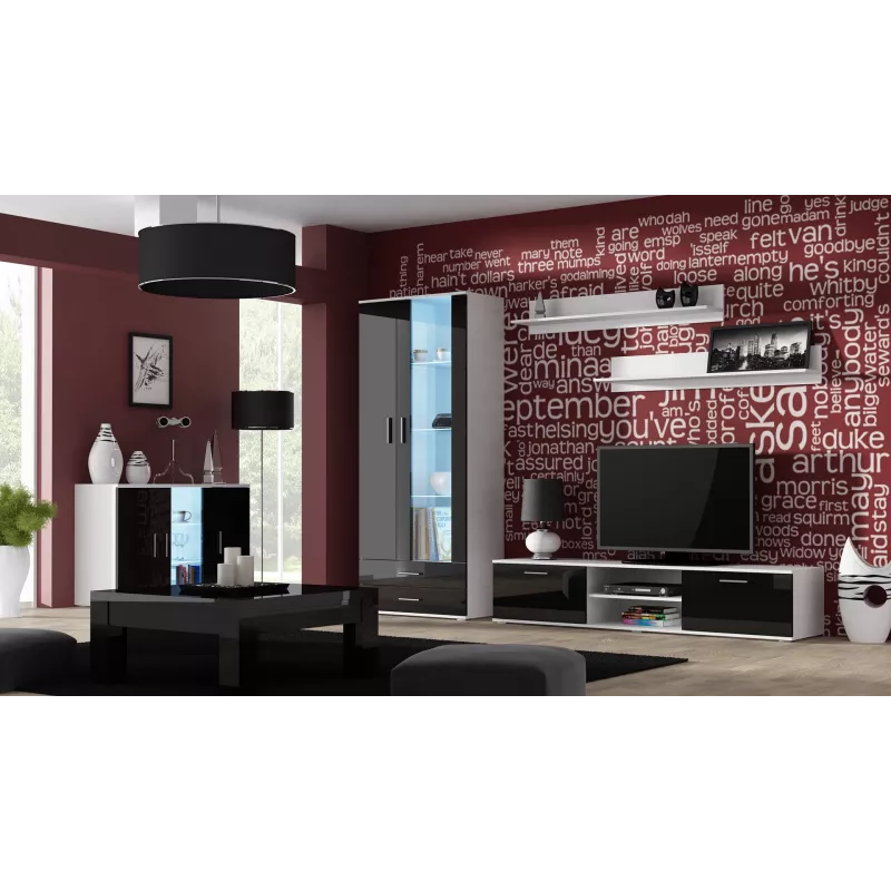 Bufete Cama Meble SOHO S7 120 cm — 3 durvis, 4 plaukti, balta virsma, melns spīdums