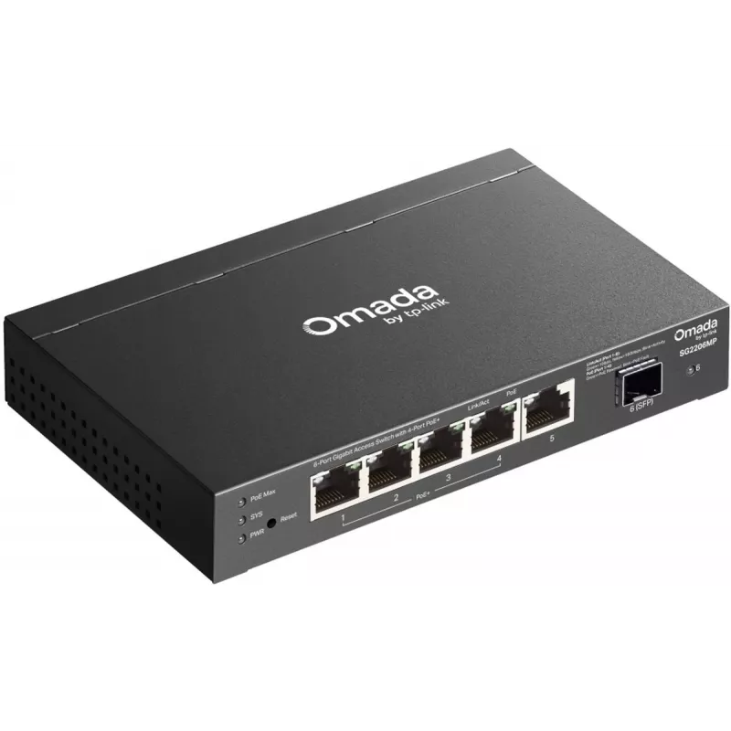 Tīkla slēdzis TP‑LINK SG2206MP L2 Gigabit Ethernet PoE 5 portu (5x Gigabit, 1x SFP, PoE+ 4 porti, 63W jaudas budžets)