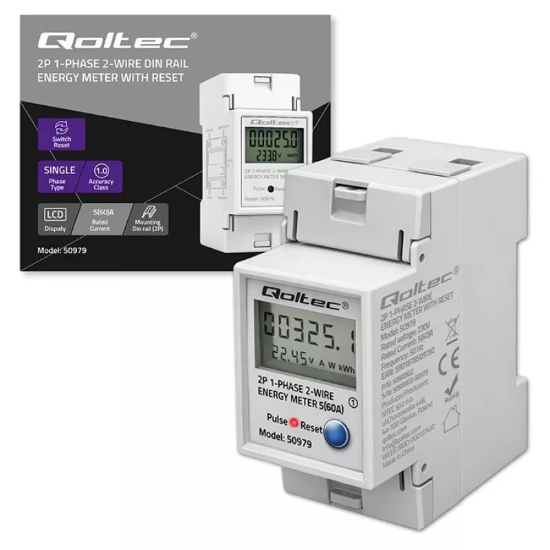 Elektrības skaitītājs QOLTEC vienfāzes DIN-iežugam 230V (MPN 50979)