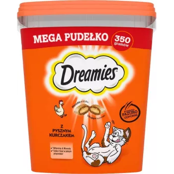 Kārumi Dreamies jauktas garšas ar vistu un sieru 350 g — kraukšķīgas gaļīgas uzkodas pieaugušiem kaķiem, proteīns 22%, tauki 22%