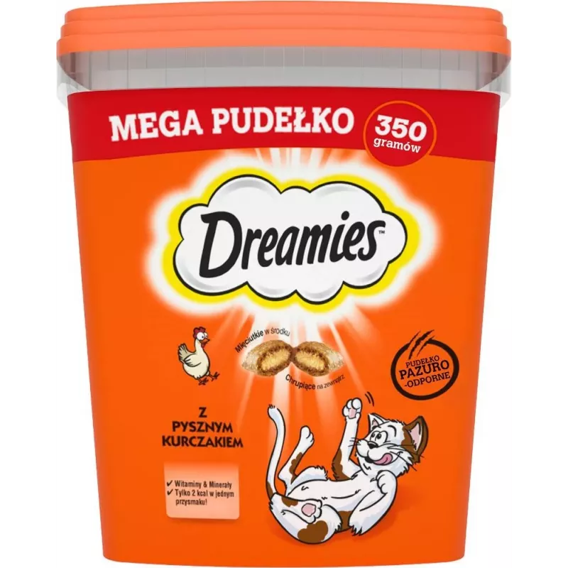 Kārumi Dreamies jauktas garšas ar vistu un sieru 350 g — kraukšķīgas gaļīgas uzkodas pieaugušiem kaķiem, proteīns 22%, tauki 22%