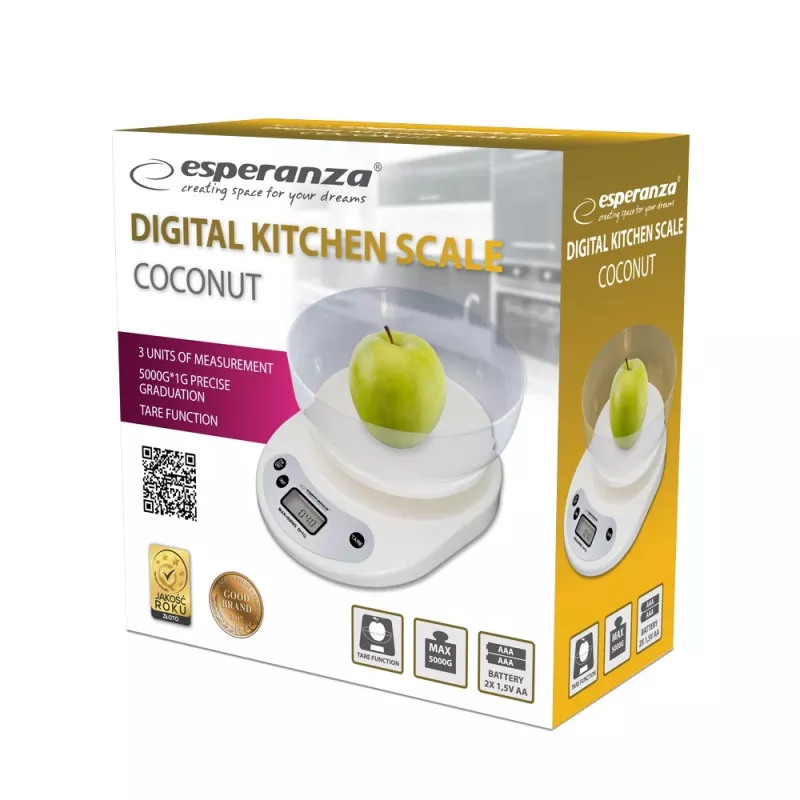 Elektroniskie virtuves svari ESPERANZA EKS007 — 5 kg ietilpība, 1 g precizitāte, balta