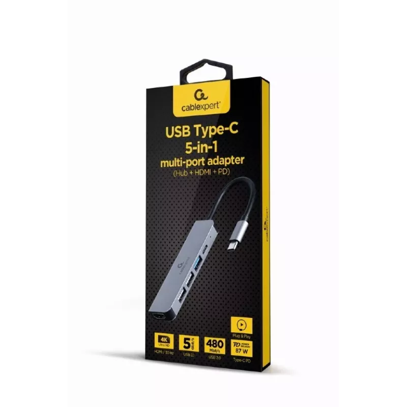 Gembird A-CM-COMBO5-03 USB Type-C 5-in-1 daudzportu adapteris (Hub + HDMI + PD)