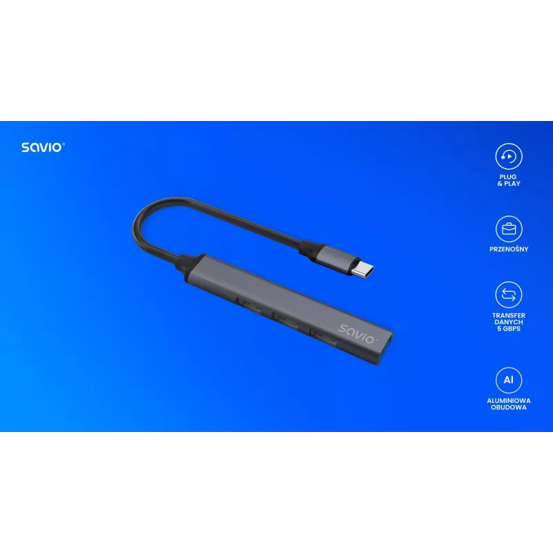 USB 3.0 4-portu saskarnes centrmezgls SAVIO AK-71 ar USB-C resursdatora pieslēgvietu, 5000 Mbit/s, 2 gadu garantija