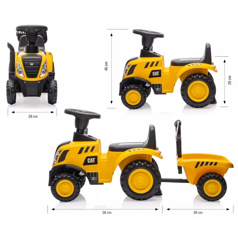 CAT traktors ar piekabi, dzeltens, braucamais