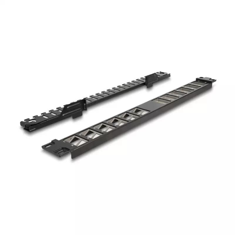 DELOCK 19 collu Keystone ielāpu panelis 24-portu leņķveida ar stiepes samazināšanu, 1U, melns, 482.6×125.5×44.2 mm